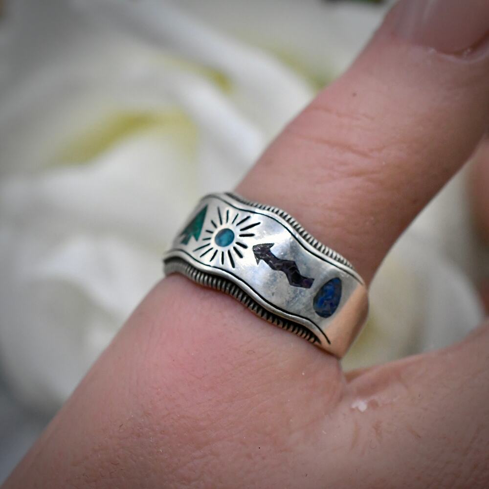Vintage Carolyn Pollack Sterling 925 Storyteller Inlay Ring Southwestern Size 8